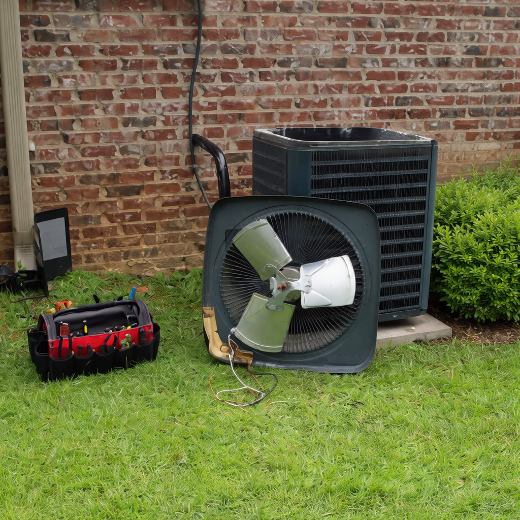 outside broken ac unit with a tool box next to it