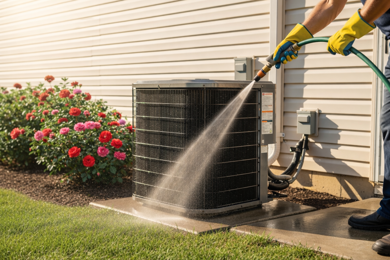 outdoor unit coil cleaning with a hose