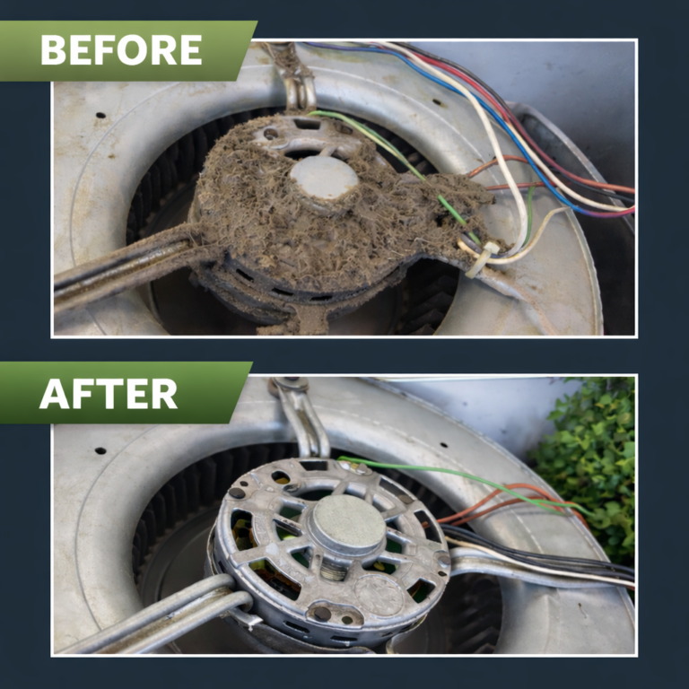 before and after air duct cleaning pictures of a furnace blower