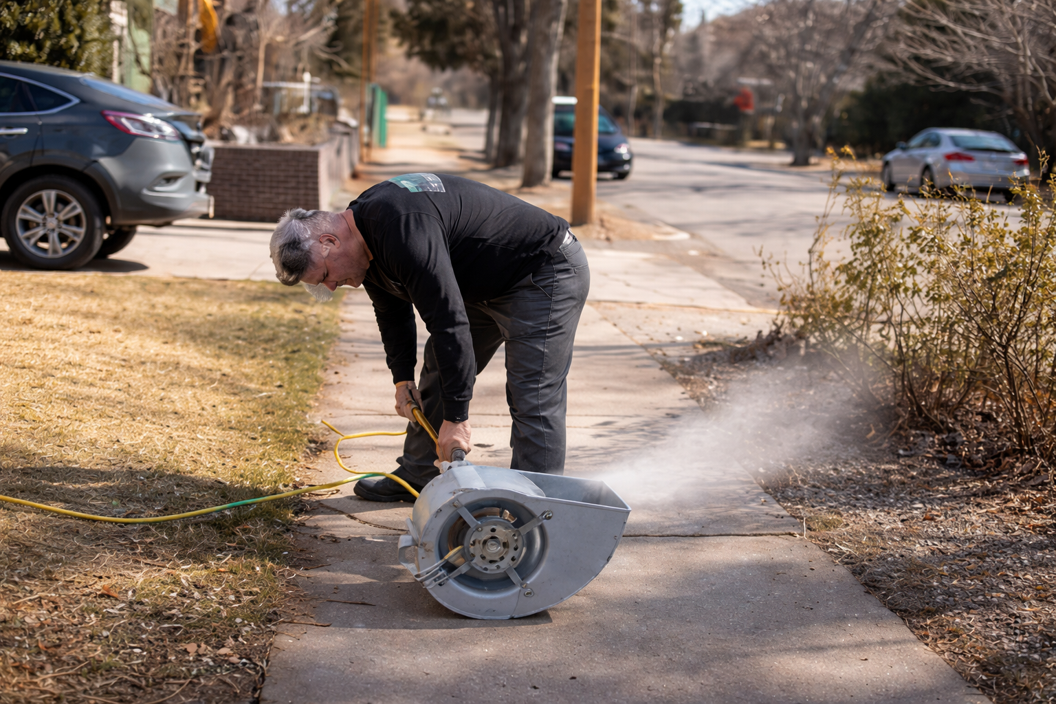 Technician cleaning furnace blower components outside of a Parker, CO home