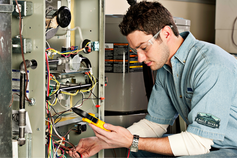 HVAC technician using tools to check furnace