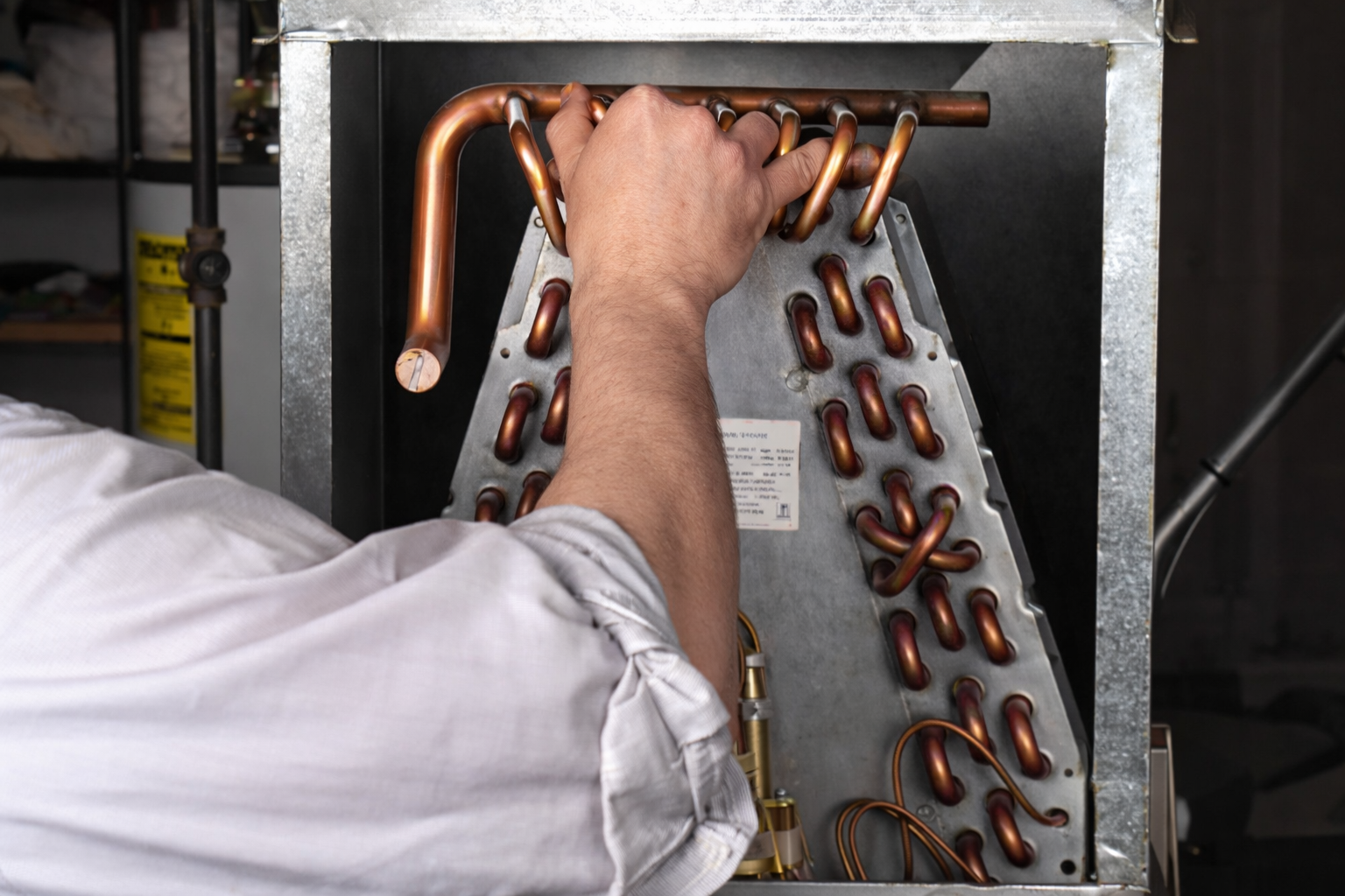 man working on evaporator coil