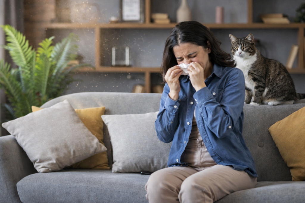 woman on a couch with a cat sneezing from dirty air ducts