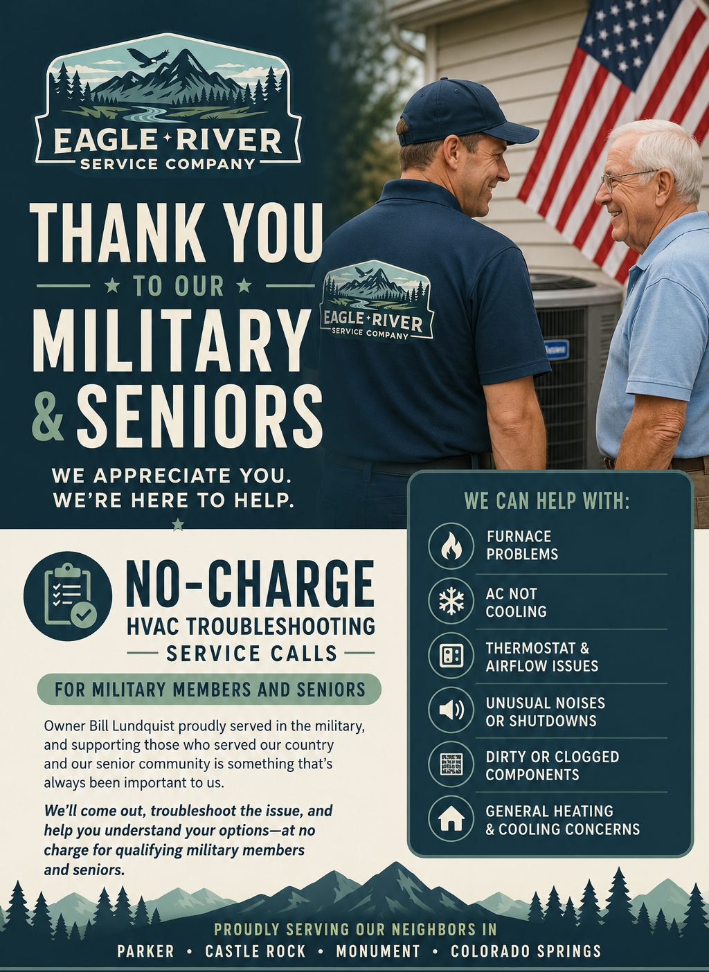 image of hvac technician helping a senior citizen with the US flag in the background