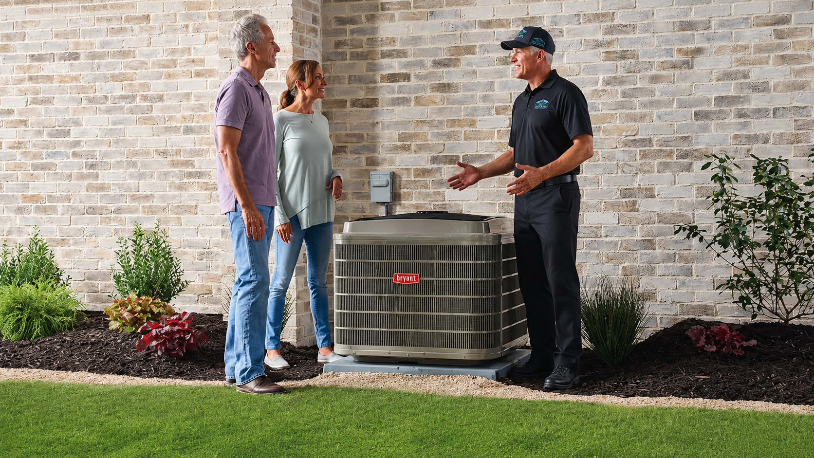 service HVAC technician talking to homeowners about a heat pump installation